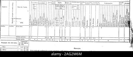 . Relatorio que ao Exm. Sr. Doutor Francisco Mariani, Presidente desta Provincia apresentou o Provedor da Fazenda, Felippe Antonio Cardoso de Santa Cruz, em virtude do artigo 59 da Lei N.º 22 de 2 de Agosto de 1852. N. 1. íhm N**^ dos Julgamentos proferidos polo J,.ry da Provinda dc Goya* solro os crimes nelia cenimoltidos .lun.nl, o «mò d,- 1859.. Occupações dos reós varões, j g o Empregos A sericultura. Commercio. Artes. Letras. Náutica. Serviço domesticoSem oíTíck» Escravos. Sommas.. cc Observações. O róo tendo sido condomrado m sessão anleccdenfe a galés perpetuas, prolrslou por novo Julga Stock Photo