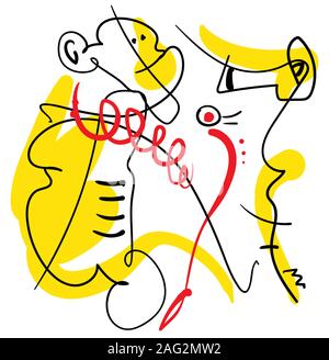 abstract one line contemporary composition, black, yellow and red, surreal minimalistic outline person with monkey and sea horse Stock Vector