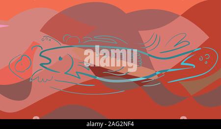 Fish in cubism style. Pastel colors. Red background. Vector Stock Vector