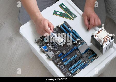 Thermal grease for computer. Male hand applied thermal paste to processor. Service electronics and computers concept. Stock Photo