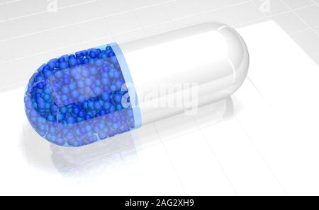 Close up on white plastic capsule with transparent blue half full of blue spheres on a white reflective surface. 3D Illustration Stock Photo