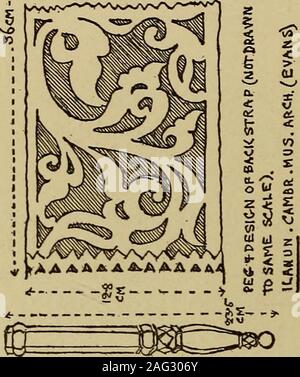 . Studies in primitive looms. outside ; the insideor concave surface is covered with red cotton cloth and this again iscovered with a piece of green hide with a pattern cut out of it likefretwork. There is one large transverse spool and six small spools (Fig. 136) for carryingthe embroidery weft in mauve, orange, yellow, red, green, and white. The warplaying repeats itself after every sixth thread. As the embroidery runs for everytwo and every four threads of warp (equals 6 threads) there is a correspondencebetween the warp laying and the brocading, from which one may conclude that thelaying i Stock Photo