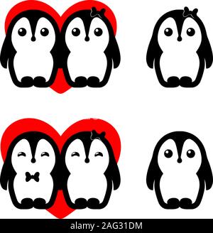 Isolated vector penguin couple logo set. Winter illustration. Animals icon. Valentines Day greeting card element. Children's toys.Cute male and female Stock Vector
