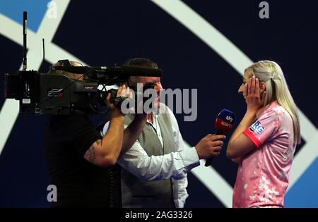 Fallon Sherrock after becoming the first women to win a match in the PDC William Hill World Championship during day five of the William Hill World Championships at Alexandra Palace, London. Stock Photo