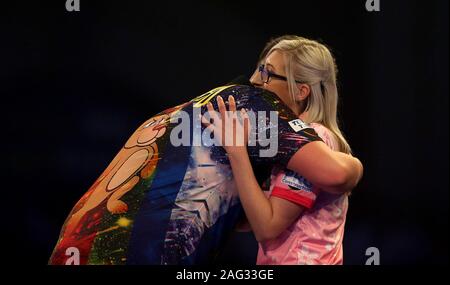 Fallon Sherrock after becoming the first women to win a match in the PDC William Hill World Championship during day five of the William Hill World Championships at Alexandra Palace, London. Stock Photo