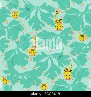 Seamless pattern with leaves covering some cute hidden tigers with friendly expressions and one meanie, that are ready to pounce. Stock Vector