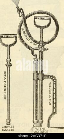 . Johnson's garden & farm manual : 1915. SS lUTCKET .pump Made In tin and brass. Throws a spray as fineas mist. Is adapted for the destroying of everykind of insect. Very useful in spraying keroseneand lice killers in poultry houses; also in sprayingpotatoes with Paris-green water, and in gardens andvineyards. Price, tin, 50c.; brass, 75c. MEYER BUCKET —and—WHITEWASHING PUMP A very handypump specially de-signed for white-washing poultryhouses and spray-ing, fumigatingand insect-killingliquids. It is thebest of its class.;Equally good for [home trees, bushes,vines, etc., and forwhitewashing gen Stock Photo