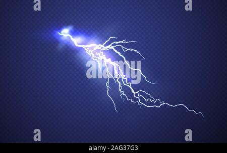 Realistic Lightning effect isolated on clear dark blue background. Vector illustration Stock Vector