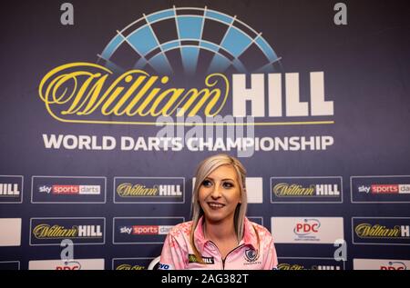 Fallon Sherrock talks to the media after becoming the first women to win a match in the PDC William Hill World Championship during day five of the William Hill World Championships at Alexandra Palace, London. Stock Photo