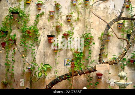 Garden wall with colorful terracotta flower pots, hanging vines, and strings of white lights in Old San Juan, Puerto Rico Stock Photo