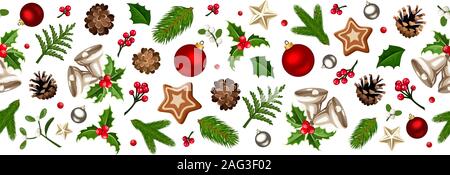 Vector Christmas horizontal seamless background with red and silver balls, bells, holly, mistletoe, stars, pinecones and green fir-tree branches. Stock Vector