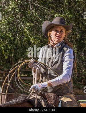 A working cowgirl wrangler prepares her lariat for roping calves in a corral on a ranch near Moab, Utah. Stock Photo