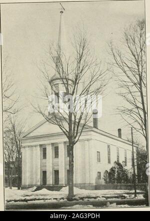 . Some old time meeting houses of the Connecticut Valley. om, once sup-ported the pulpit, but were removed and allowed togo to decay when the attempt was made in 1860 tomodernize the interior of the house. It was at thistime that the pulpit was lowered; the backs of thepews were also lowered and the doors at the ends ofthe pews taken off. The pulpit was lowered again in1885. The fish which serves as a weathervane is inter-esting. It is left to the reader to decide whether itrepresents a Connecticut river shad or the symbol offaith employed by the early Christians. CHICOPEE FALLS The members of Stock Photo