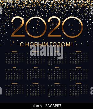 Calendar 2020. Russian language. Week starts on Monday. Isolated vector illustration on blue background. Stock Vector