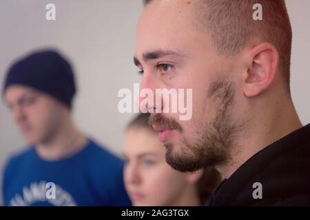 Group of  university architecture students working on practice lessons. Looking for solution during class. Stock Photo