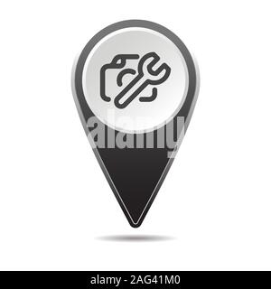 Geolocation map pin camera repair icon. Vector icon with shadow. Vector EPS 10 Stock Vector