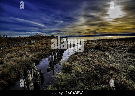 Beautiful scenery of tidal marsh between dry grassy fields under the breathtaking sky during sunset Stock Photo