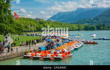 France, Haute-Savoie, Annecy, Champ de Mars, Lac d'Annecy, rental peddle boats Stock Photo