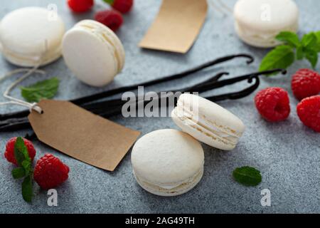 Vanilla macarons on a gray surface Stock Photo