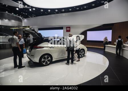 LEAF: Nissan's 100% electric car at Nissan Crossing, flagship showroom in Ginza, Tokyo, Japan Stock Photo