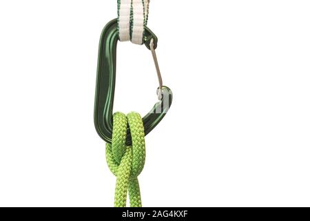Closeup shot of a carabiner with a climbing rope and sling isolated on white background Stock Photo