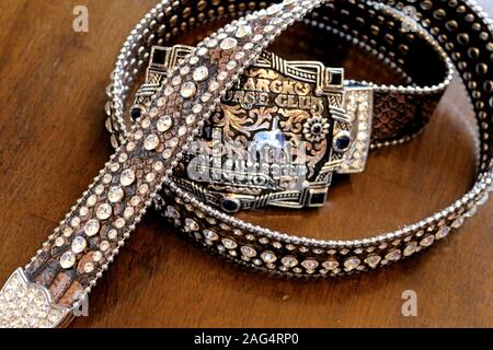 Western Trophy All Around Belt Buckle on Brown Rhinestone Bling Belt Stock Photo
