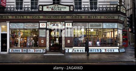 LONDON, UNITED KINGDOM - Oct 26, 2012: Established in 1839  James Smith & Sons sells or has sold:  riding crops whips,Irish blackthorns, malacca canes Stock Photo