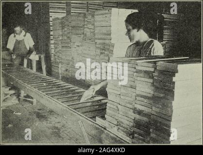 . Harvesting and handling California peaches for eastern shipment. rty to fifty ends. This isconstructed as a table raised about three and a half feet from the floor(fig. 6). The end pieces are placed side by side in this slide and the pasteis applied to the entire row with a wide brush. The labels are thentaken from the water and carefully placed on the ends. The excesspaste is washed off with a brush and clean water. The ends mustthen be stacked until dry. One person labels and stacks, on the average, about 2500 ends perten hours. The cost of labeling averages about 25 cents a hundredends. M Stock Photo