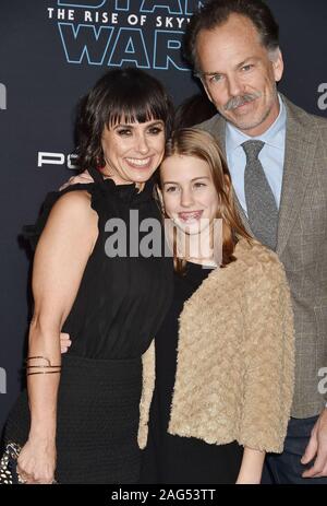 HOLLYWOOD, CA - DECEMBER 16: (L-R) Constance Zimmer, Colette Lamoureux and Russ Lamoureux  attend the Premiere of Disney's 'Star Wars: The Rise Of Skywalker' at the El Capitan Theatre on December 16, 2019 in Hollywood, California. Stock Photo