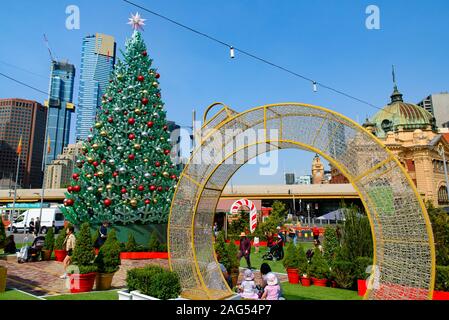 LED Christmas tree and decorations at Christmas Square at Federation Square in Melbourne, Australia Stock Photo