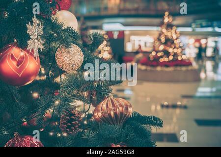 Christmas tree decoration in shopping mall; vintage style Stock Photo