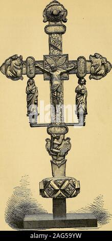 . The industrial arts in Spain. oot and carried on this day in front ofthis throne. This monstrance is covered also with jewels ofgreat value which almost conceal it, the gifts of royal personages.The fine Gothic silver-gilt cross must also be mentioned, knownat Toledo by the name of Giiion de Mendoza ; it was borne beforethe great Cardinal Mendoza, and was the first cross placed on thehighest point of the Alhambra Torre de la Vela on the day of theconquest, 2nd January, 1492. The following woodcut represents a processional cross ofSpanish work of the beginning of the 15th century, in the Sout Stock Photo