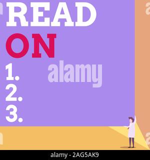 Handwriting text Read On. Conceptual photo spend time reading in order to find out information about something One man professor wear white coat red t Stock Photo