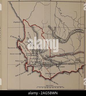 . History of Africa south of the Zambesi : from the settlement of the Portuguese at Sofala in September 1505 to the conquest of the Cape Colony by the British in September 1795. A ,A Tr^ToTrnfrtrrp Trfrrritftri T.oirCmrr€)r. Mapveh. This map shows the extent of the settlement in the year 1750.The northern and eastern boundaries were not yet defined butalong the coast farms were occupied in one direction as far as themouth of the Elephant river and in the other as far as the LittleBrak river, a few miles beyond Mossel Bay. East of the Hex rivercolonists sometimes sought pasture for their cattle Stock Photo