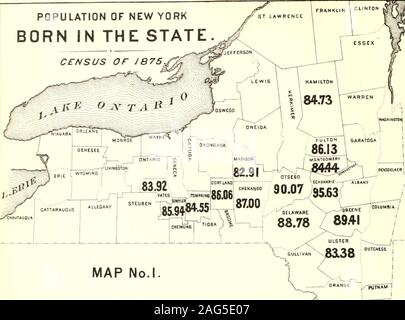 . Census of the state of New York for 1875. MapG. POPULATION OF NEW TORE BORN IN THE STA m^ Census of 1875, ^ POPULATION OF NEW YORK BORN IN THE STATE. CENSUS or J875. Counties. 1 P» Ct. Schoharie, 1 95,63 Otsego, 2 90.07 Greene, 3 89.41 Delaware, ? 88.78 Chenango, 5 87.00 Fulton, 6 86,13 Cortland, 7 86,06 Schuyler, 8 85.94 Hamilton, 9 84 73 Tompkins, 10 84.55 Montgomery, 11 84.44 Yates, 12 83.92 SutTolk, 13 83,71 Ulster* 14 83.38 Madison, 15 82.91 MAP No.I EXPLA/VAT/ON. JTi-e fibres in eaci Counti/ show what per cento/it.t popu7atto/i af ffif censu.s &lt;?/ /S/S, washorn III the State. 2/ap^o Stock Photo