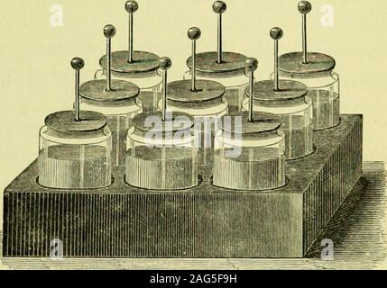. Medical electricity; a practical treatise on the applications of electricity to medicine and surgery. A Leyden jar. A battery of Leyden jars. conductor of an electrical machine. The electricity receivedby a Leyden jar is condensed in contact with the tinfoil,and is in a state of high tension. Discharge is effectedwith a loud report, when the interior and exterior arebrought into communication by means of a dischargingrod—a curved brass rod terminating in knobs and pro-vided with insulated handles. A more or less vivid sparkaccompanies the discharge, made up of minute particles ofbrass and th Stock Photo