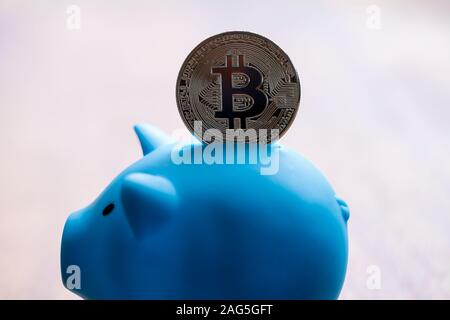 Large Bitcoin being deposited into a piggy bank Stock Photo