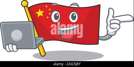 Cute and smart flag china Scroll working with laptop Stock Vector