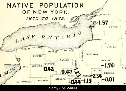 . Census of the state of New York for 1875. INCREASE OF NATIVE POPULATION OF N E W YORK.1870 TO 1875.. ^ /^ FRANKLIN ,•&lt;? ST LAWRENCE 1 5 ONONDAOA FULTON BAflATOGA Stock Photo