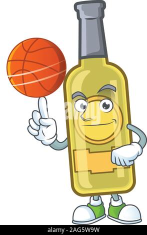 Happy face champagne yellow bottle cartoon character playing basketball Stock Vector