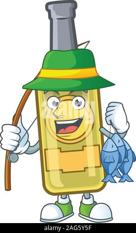 Cheerful face Fishing champagne yellow bottle mascot design Stock Vector