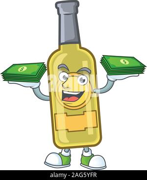 Happy face champagne yellow bottle character with money on hand Stock Vector
