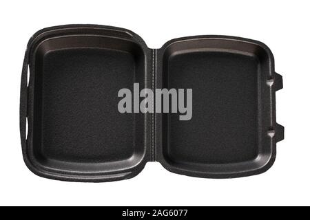 Top view of black empty foam food tray isolated on white. Packaging template mockup collection. Stock Photo