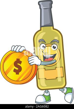happy face champagne yellow bottle cartoon character with gold coin Stock Vector