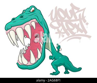 An angry tyrannosaurus rex roaring and writing graffiti in cartoon style. Isolated on white with space for placing text. Stock Vector