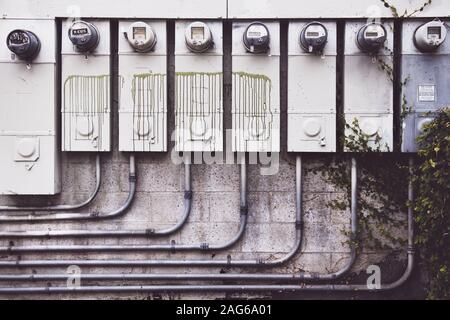 White concrete wall with eight electrical metric meters near green plants Stock Photo