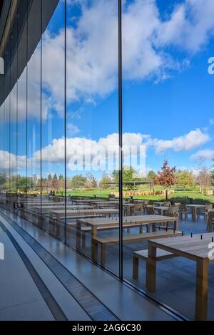Cupertino CA USA December 14, 2019: Apple headquarters offices building, looking through the glass window from inside a side entrance to the outdoor e Stock Photo