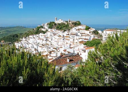 Elevated view of a traditional white village, Casares, Malaga Province, Andalucia, Spain, Western Europe. Stock Photo