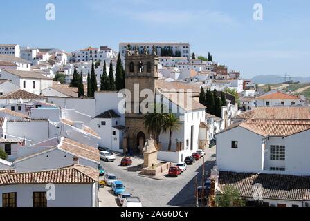 View looking down to the church of Nuestro Padre Jesus and whitewashed buildings, Ronda, Malaga Province, Spain. Stock Photo