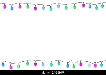 Lights bulbs banner. Glowing multicolor Christmas garlands string. Vector illustrayion. New Year. Stock Vector
